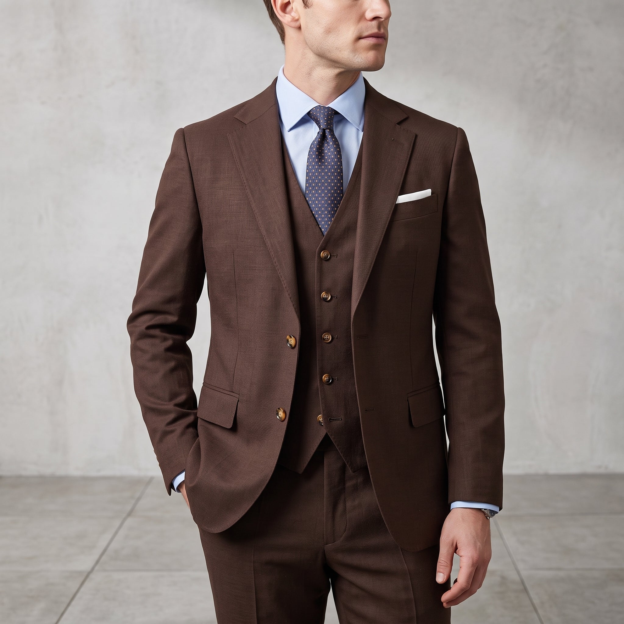 James – Men's Three-Piece Wedding Guest Suit with Gold Buttons - Suits - Brown - Davies & Cooper