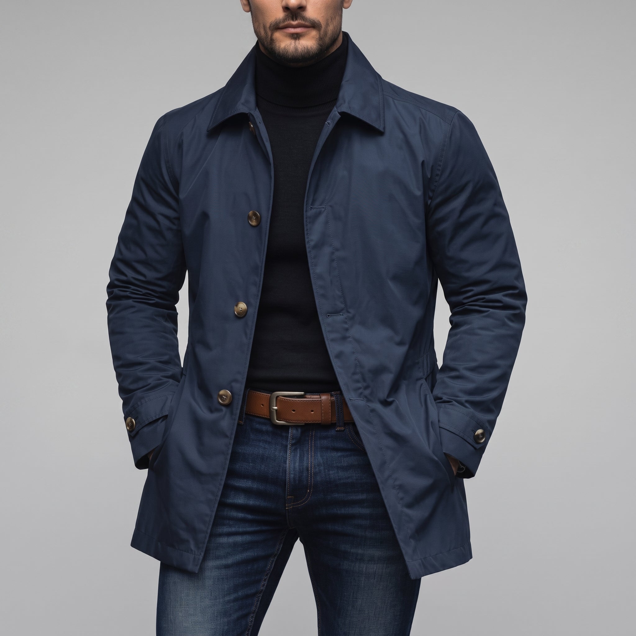 James - Men's Transitional Single-Breasted Mac Coat - Coats & Jackets - Navy Blue - Davies & Cooper
