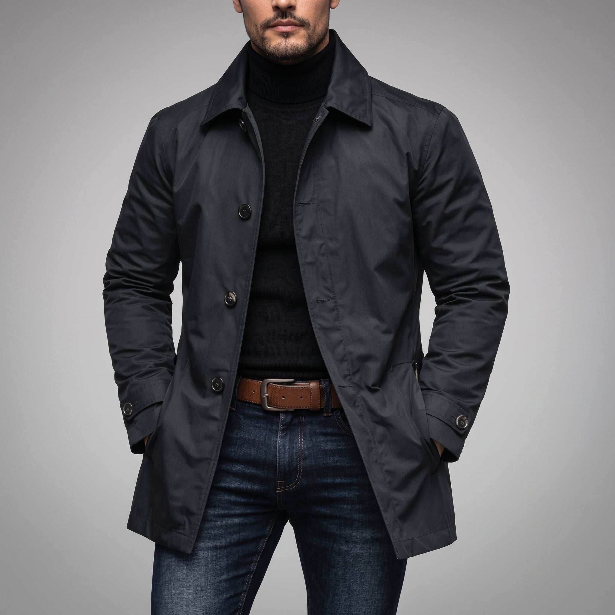 James - Men's Transitional Single-Breasted Mac Coat - Coats & Jackets - Black - Davies & Cooper