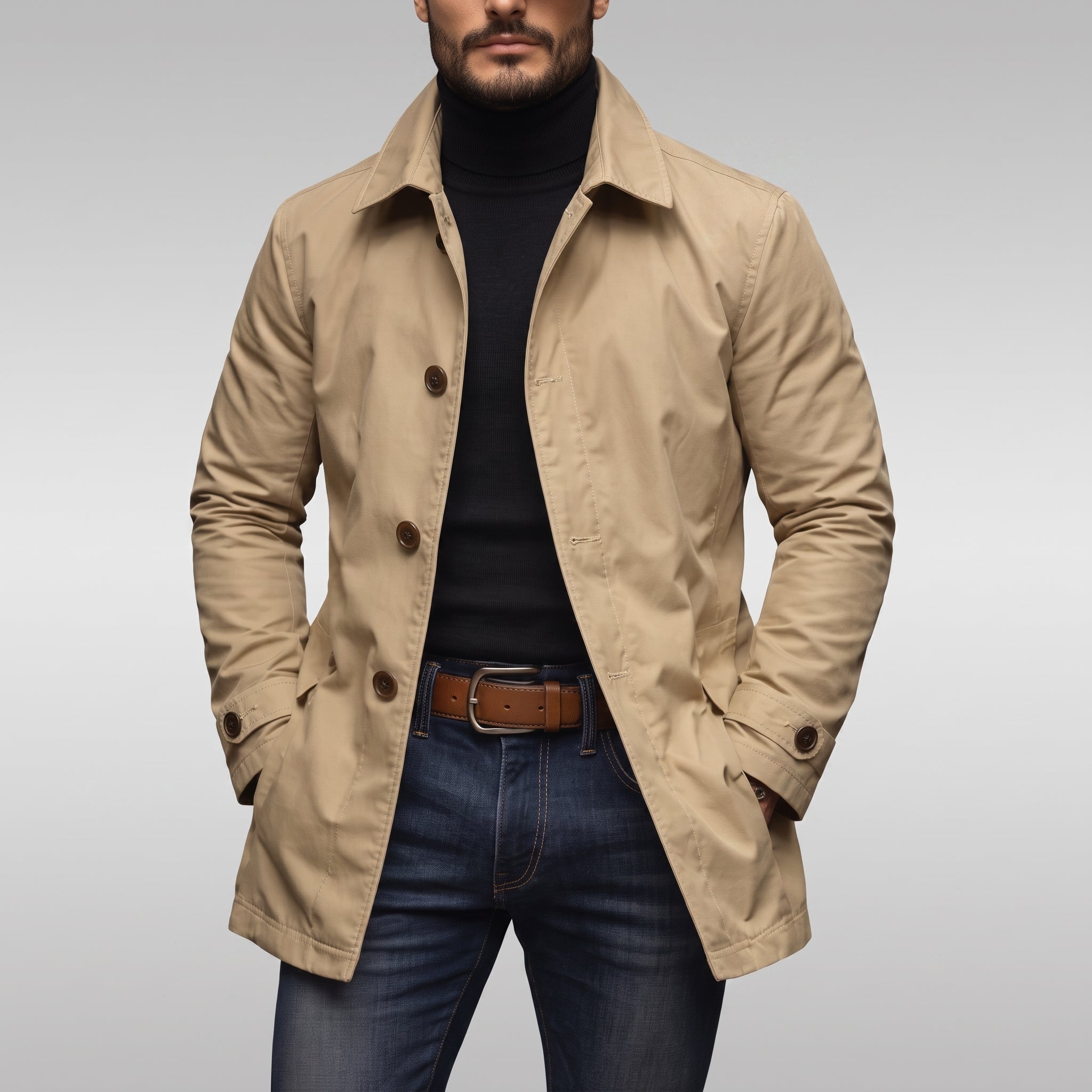 James - Men's Transitional Single-Breasted Mac Coat - Coats & Jackets - Beige - Davies & Cooper