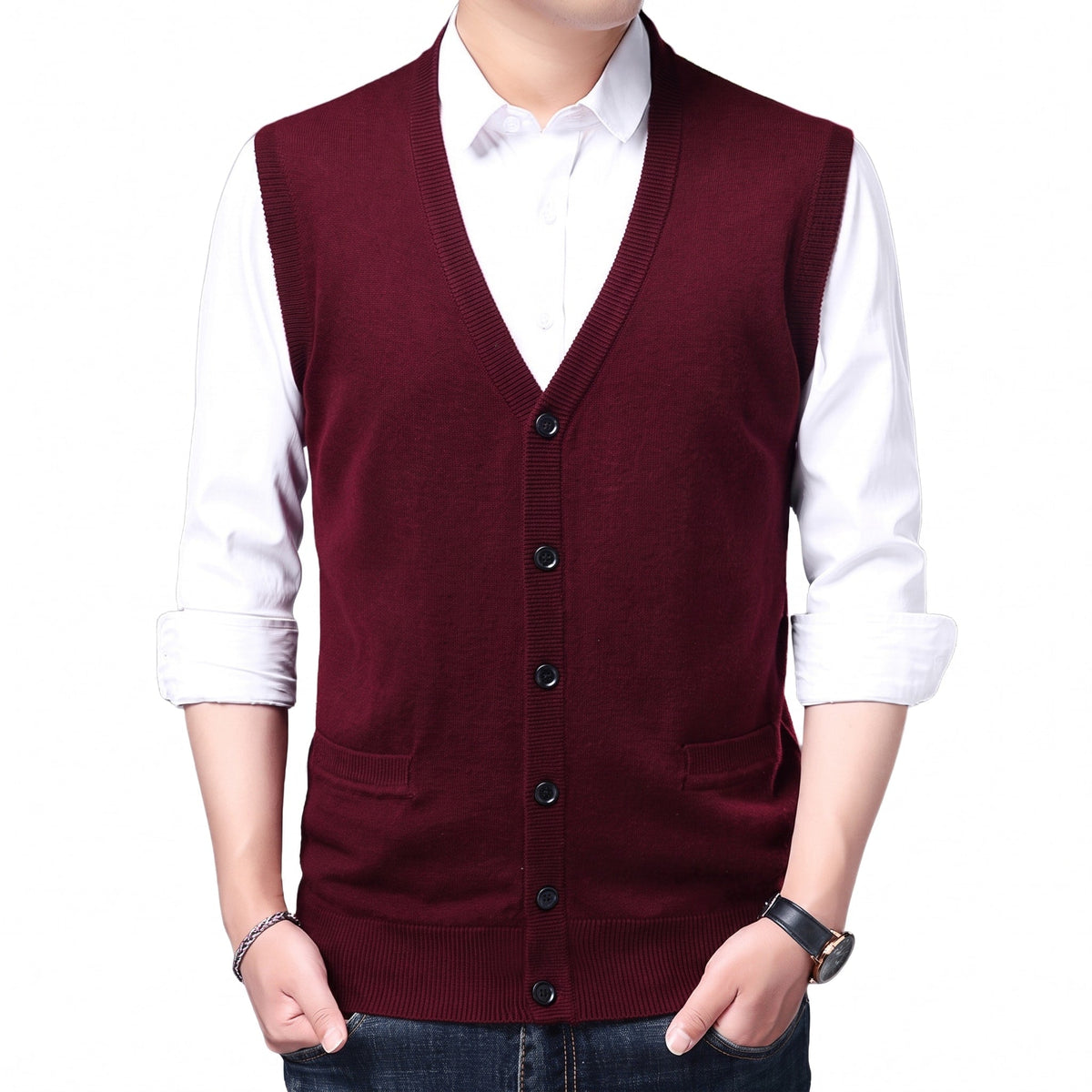 James - Men's V-Neck Button-Up Knitted Sweater Gilet with Front Pockets - Vests - Red - Davies & Cooper