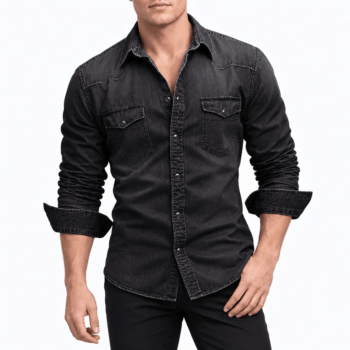 James - Men's Washed Denim Shirt with Chest Pockets, Regular Fit - Shirts - Black - Davies & Cooper