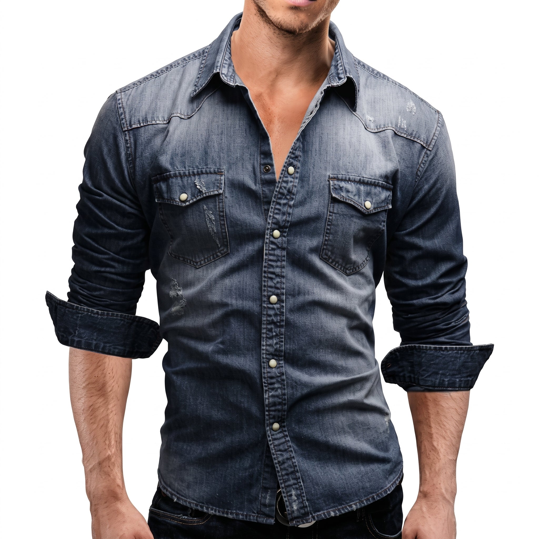 James - Men's Western Style Long Sleeve Snap Button Shirt - Shirts - Dark Blue - Davies & Cooper
