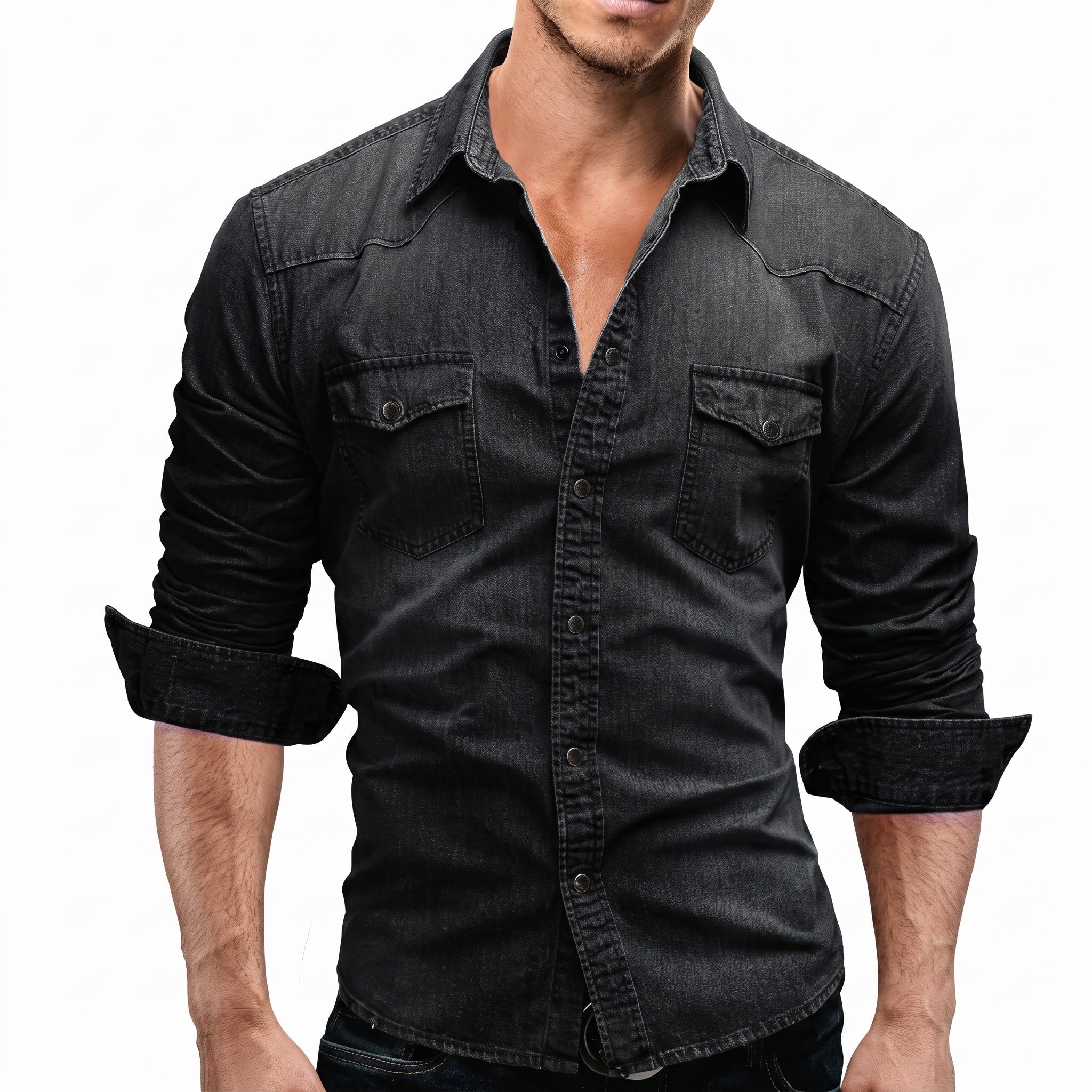 James - Men's Western Style Long Sleeve Snap Button Shirt - Shirts - Black - Davies & Cooper