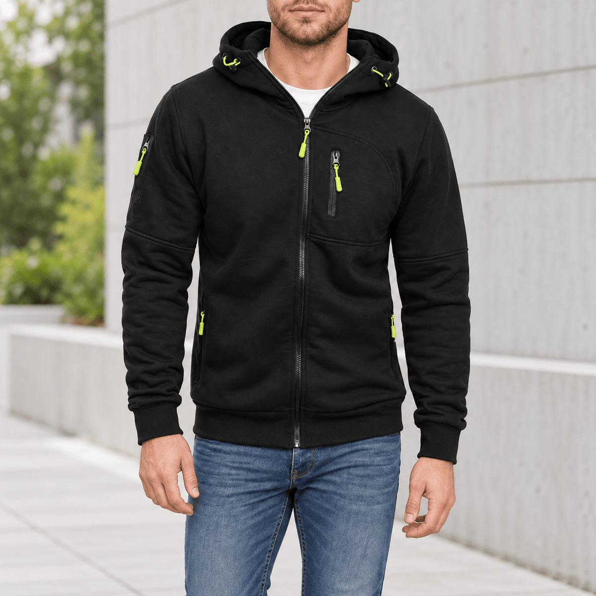 James - Men's Zip-Up Hooded Jacket with Contrast Zips - Hoodies - Black - Davies & Cooper