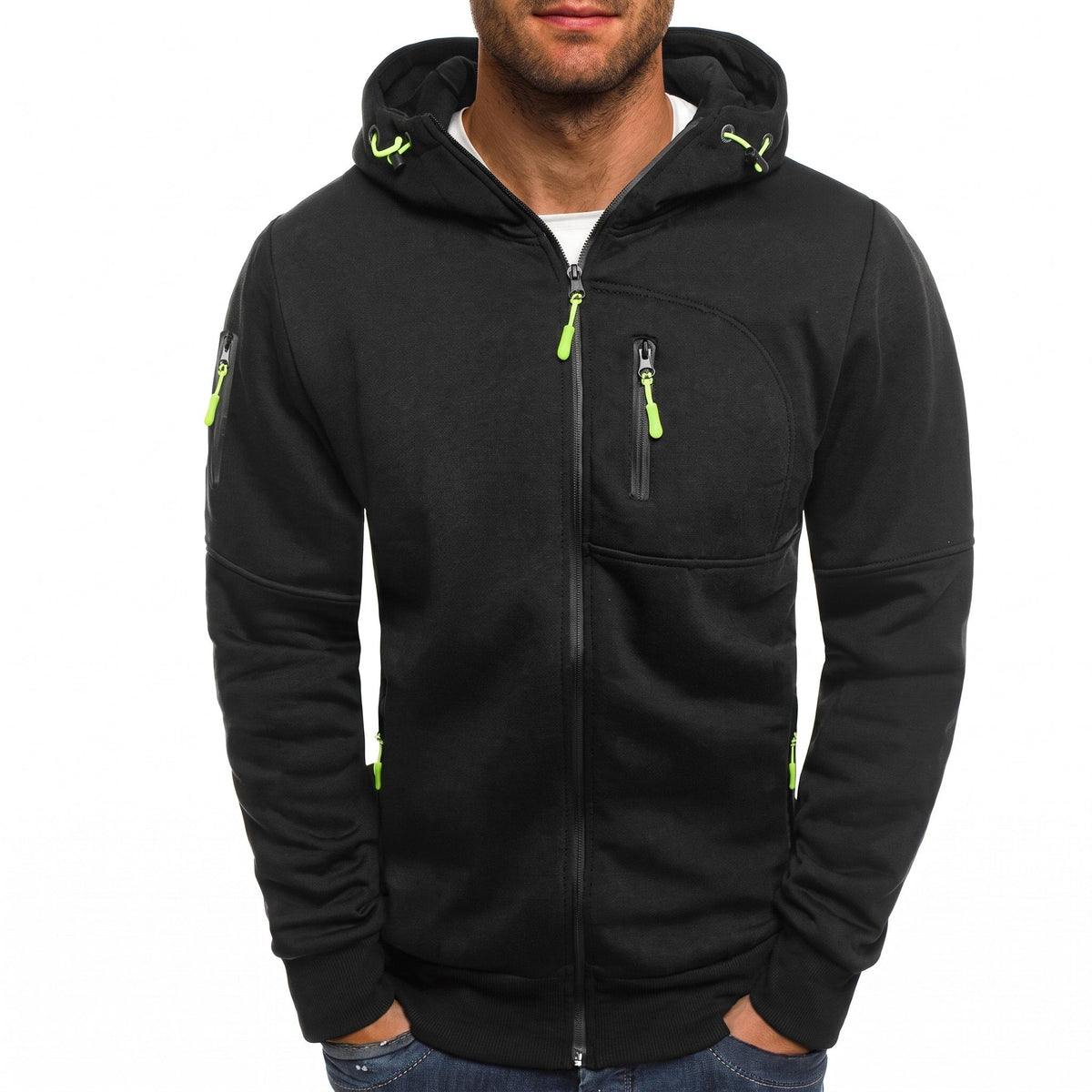 James - Men's Zip-Up Hooded Jacket with Contrast Zips - Hoodies - Black - Davies & Cooper