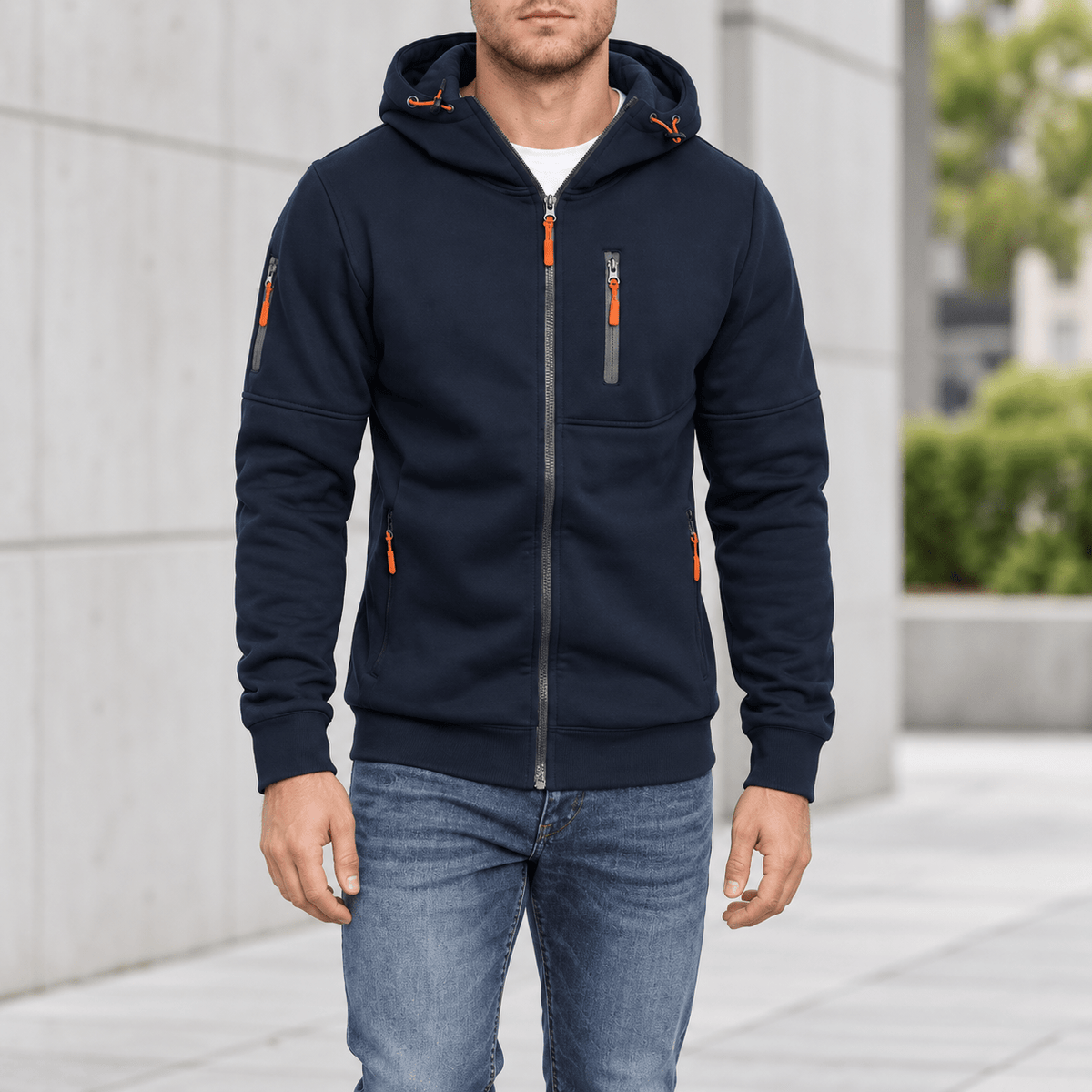 James - Men's Zip-Up Hooded Jacket with Contrast Zips - Hoodies - Navy Blue - Davies & Cooper