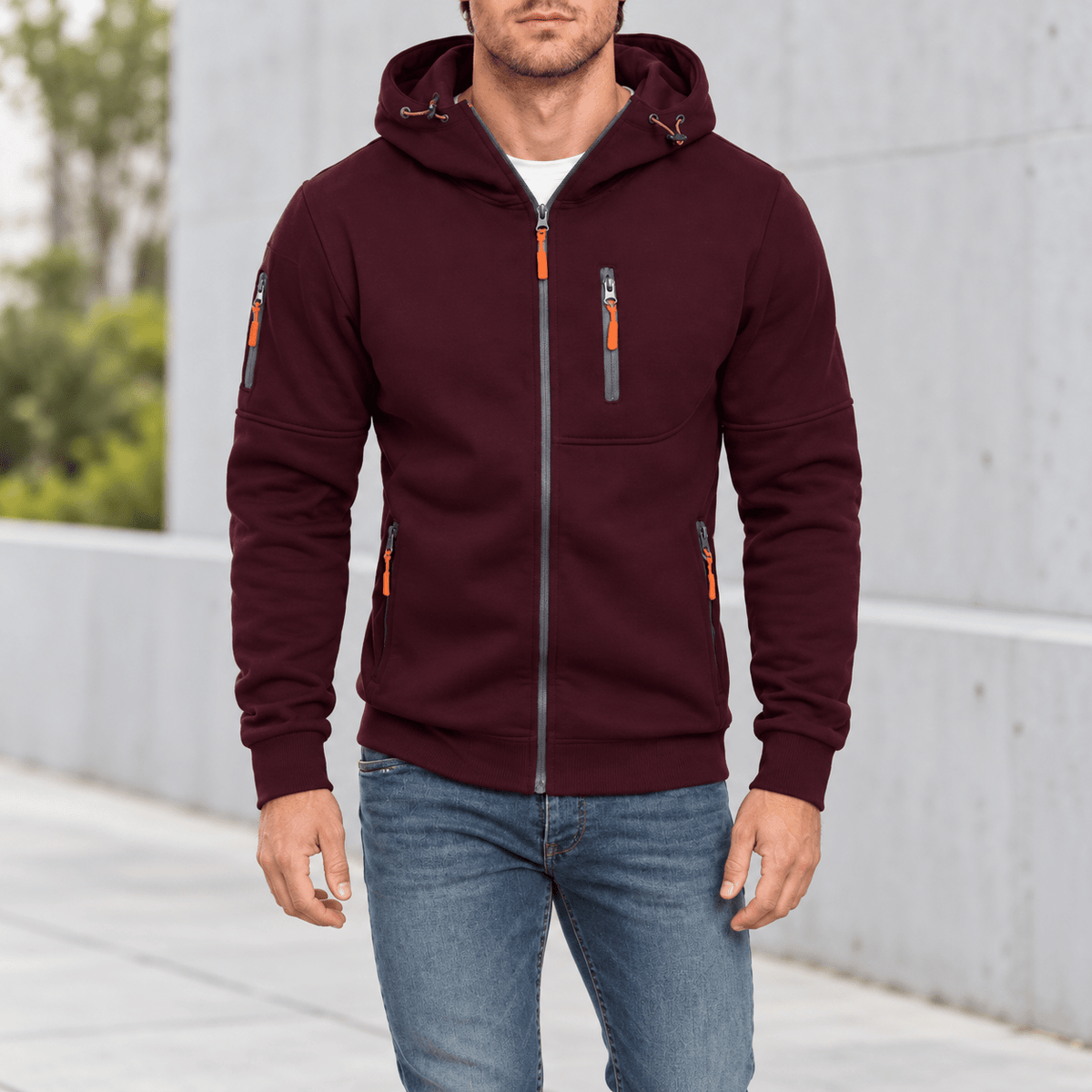 James - Men's Zip-Up Hooded Jacket with Contrast Zips - Hoodies - Red - Davies & Cooper