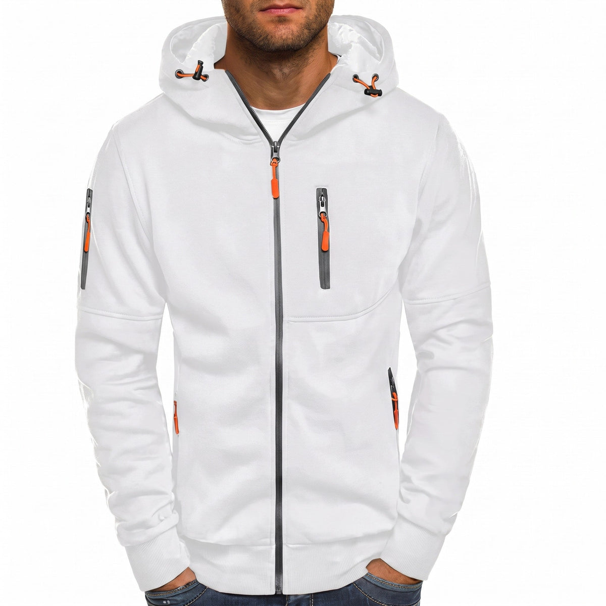 James - Men's Zip-Up Hooded Jacket with Contrast Zips - Hoodies - White - Davies & Cooper