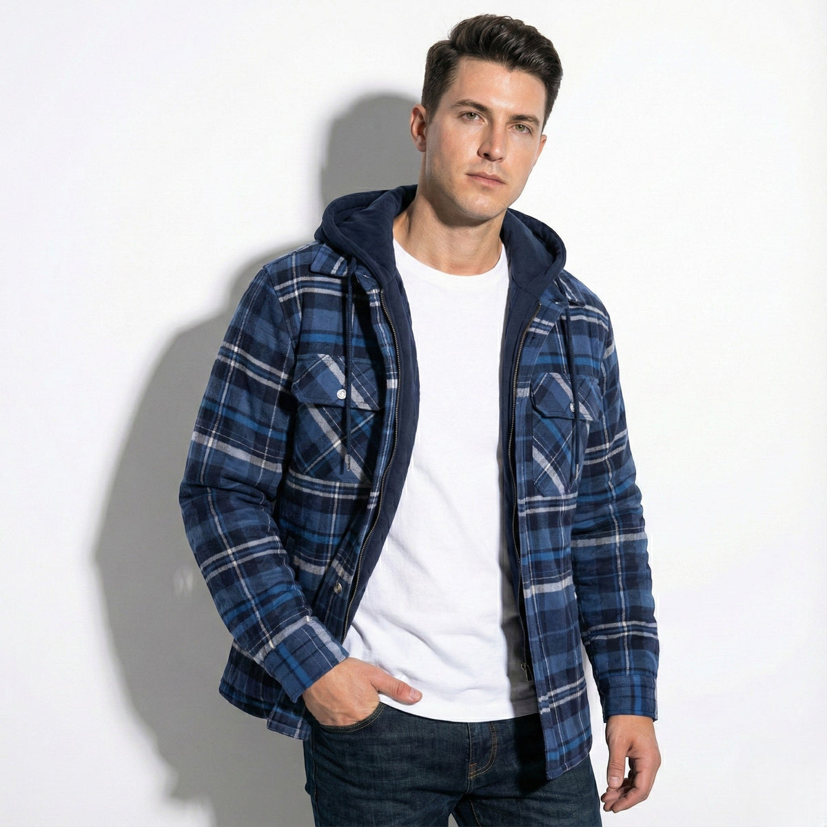 Jaxon – Men’s Cotton Hooded Spring Check Jacket - Jackets - Dark Blue - Davies & Cooper