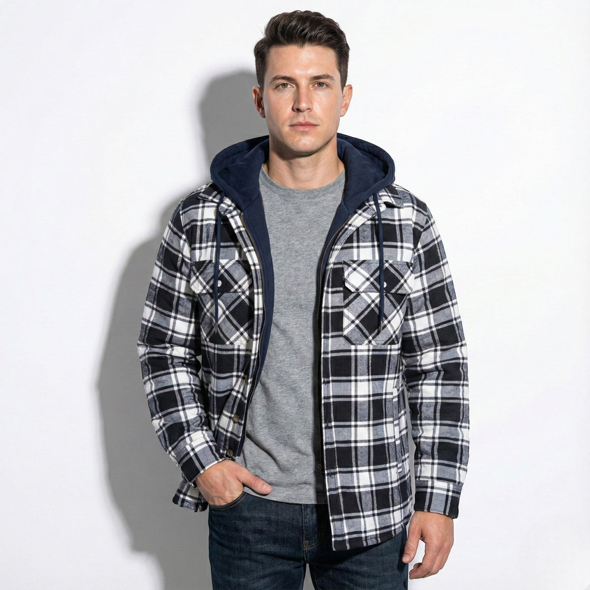 Jaxon – Men’s Cotton Hooded Spring Check Jacket - Jackets - Black - Davies & Cooper