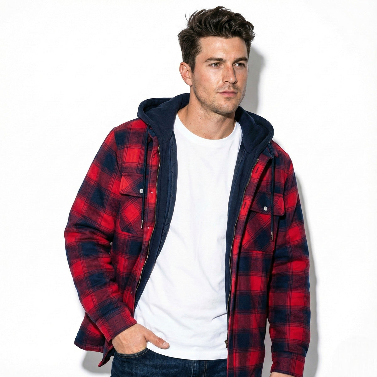 Jaxon – Men’s Cotton Hooded Spring Check Jacket - Jackets - Red - Davies & Cooper