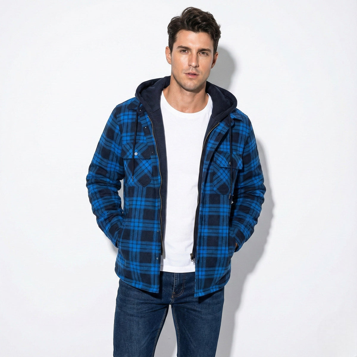 Jaxon – Men’s Cotton Hooded Spring Check Jacket - Jackets - Blue - Davies & Cooper
