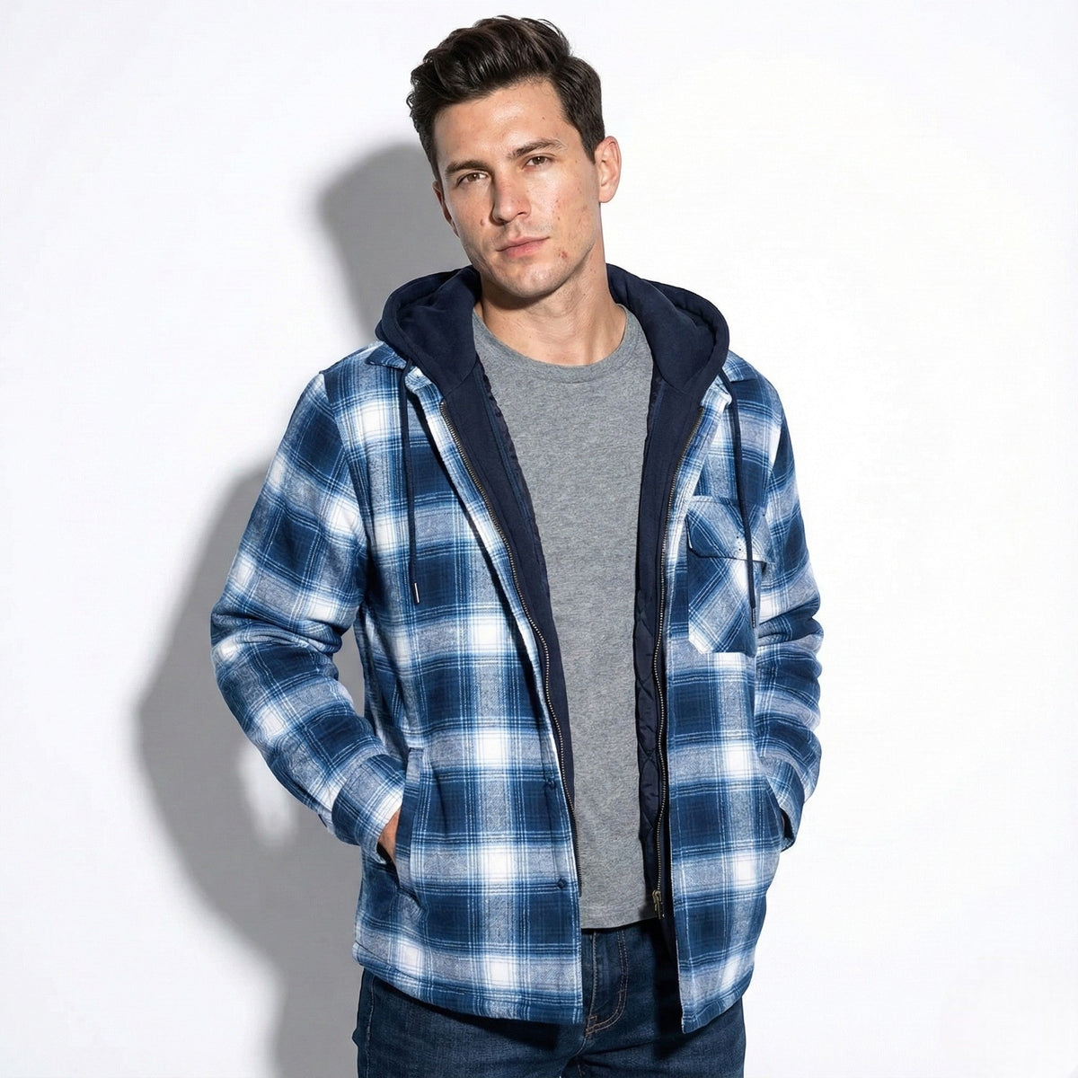 Jaxon – Men’s Cotton Hooded Spring Check Jacket - Jackets - Light Blue - Davies & Cooper