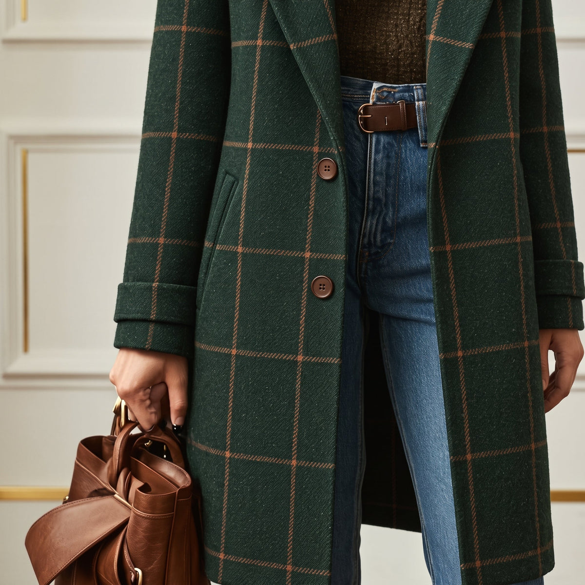 Jennifer - Women's Longline Check Wool-Look Coat with Lapel Collar - Overcoats - Dark Green - Davies & Cooper