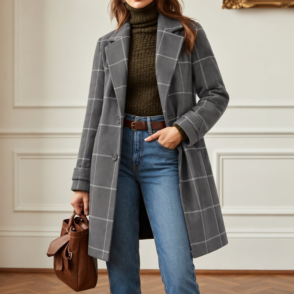 Jennifer - Women's Longline Check Wool-Look Coat with Lapel Collar - Overcoats - Grey - Davies & Cooper