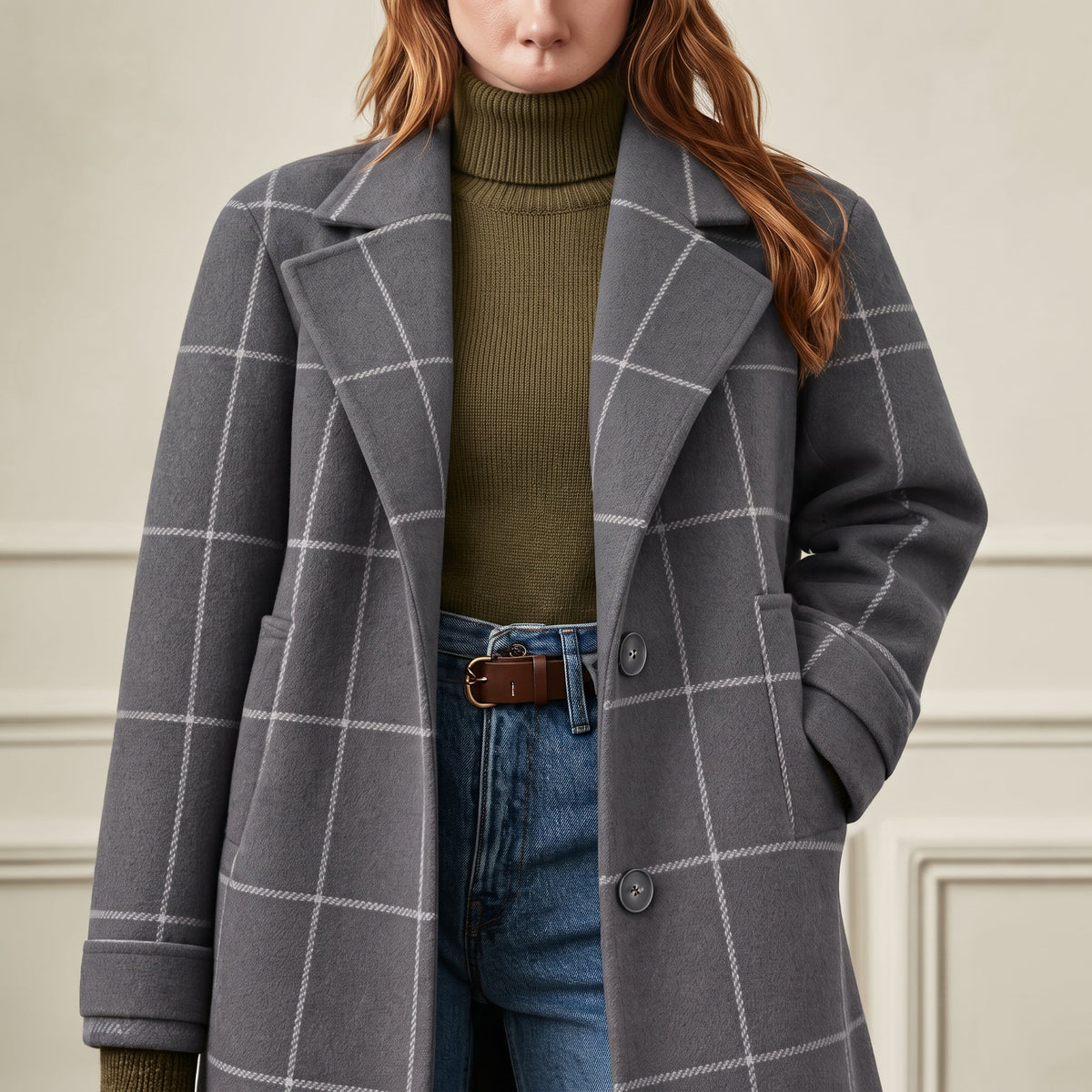 Jennifer - Women's Longline Check Wool-Look Coat with Lapel Collar - Overcoats - Grey - Davies & Cooper