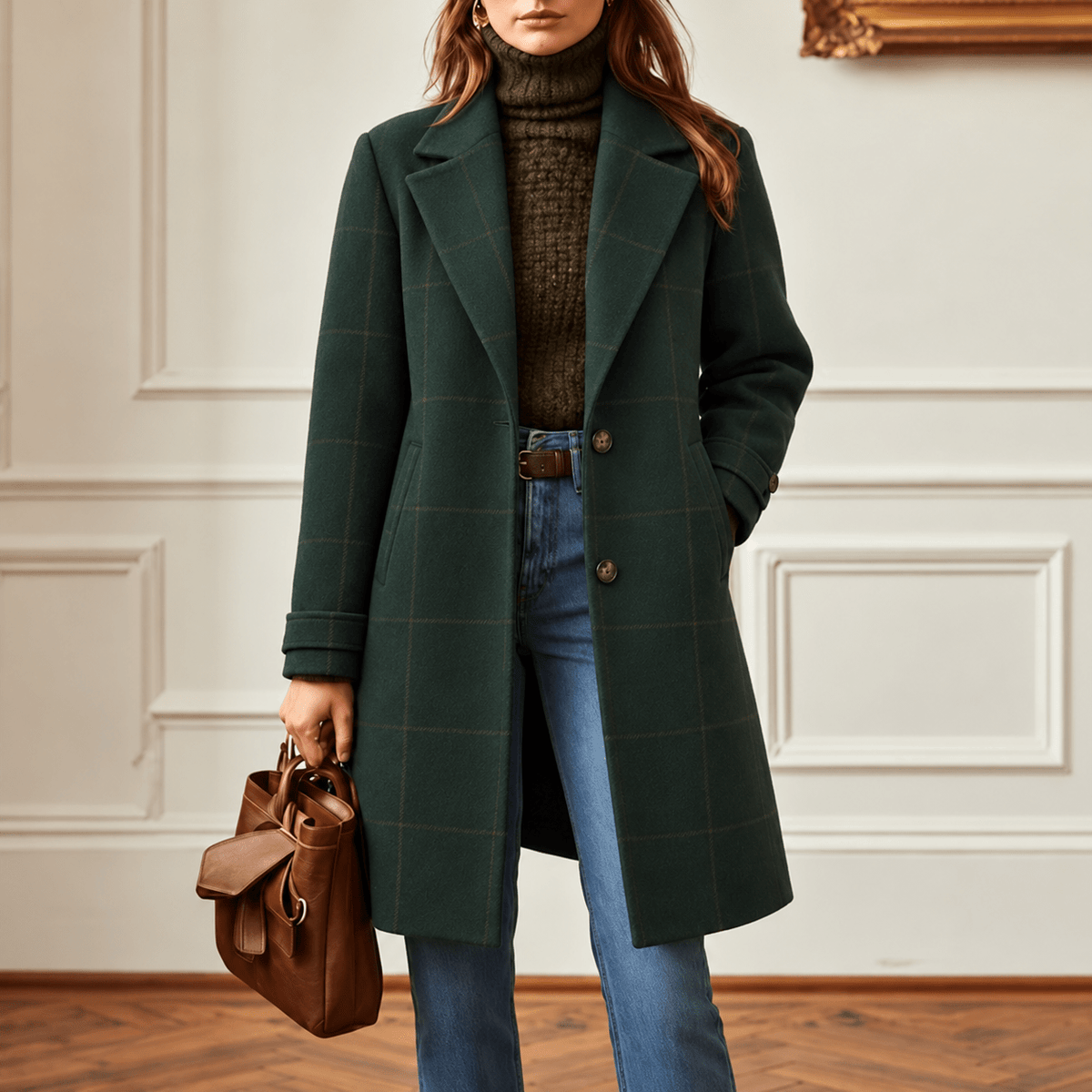 Jennifer - Women's Longline Check Wool-Look Coat with Lapel Collar - Overcoats - Dark Green - Davies & Cooper