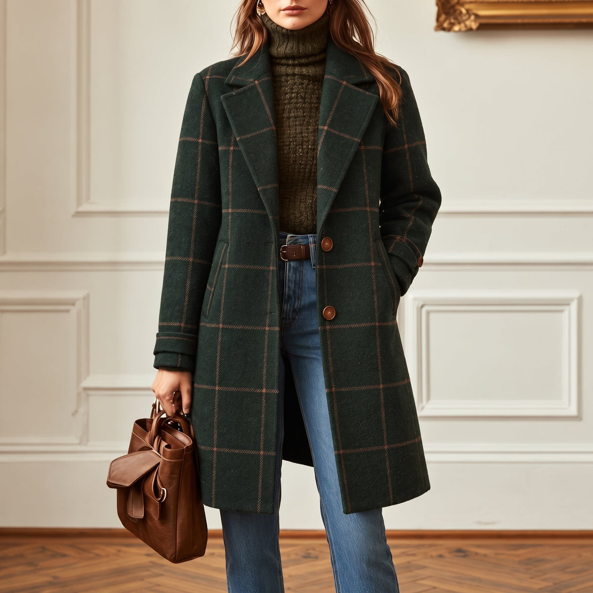 Jennifer - Women's Longline Check Wool-Look Coat with Lapel Collar - Overcoats - Dark Green - Davies & Cooper