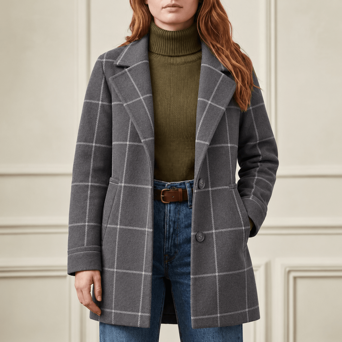 Jennifer - Women's Longline Check Wool-Look Coat with Lapel Collar - Overcoats - Grey - Davies & Cooper