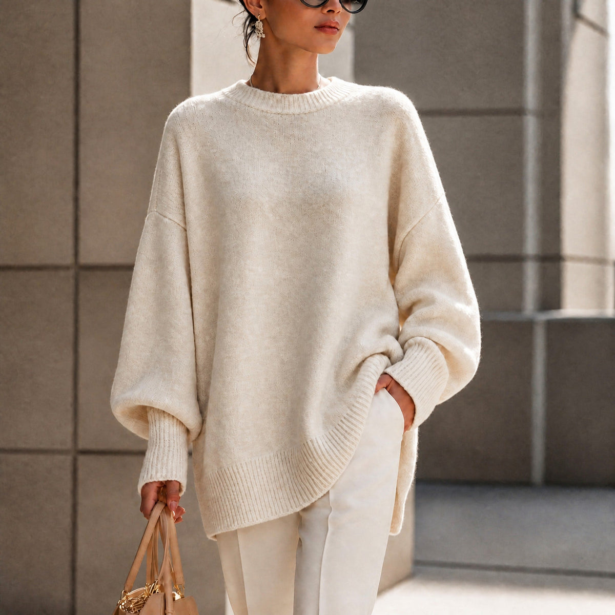 Jennifer - Women's Oversized Ribbed Cuff Jumper with Asymmetric Hem - Sweaters - Beige - Davies & Cooper