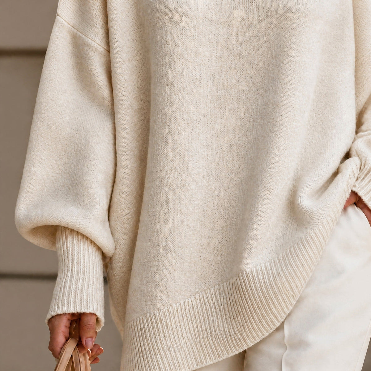 Jennifer - Women's Oversized Ribbed Cuff Jumper with Asymmetric Hem - Sweaters - Beige - Davies & Cooper