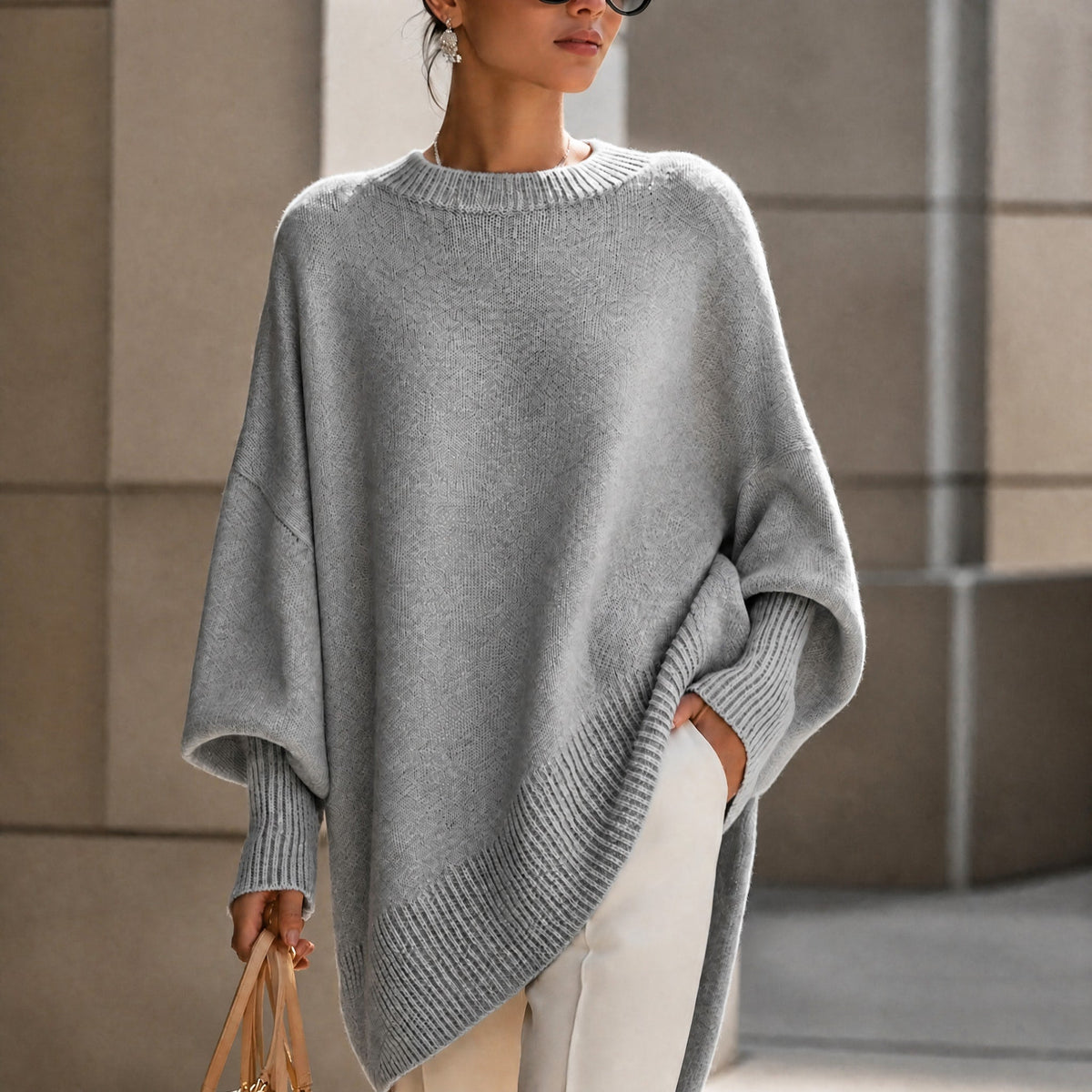 Jennifer - Women's Oversized Ribbed Cuff Jumper with Asymmetric Hem - Sweaters - Grey - Davies & Cooper