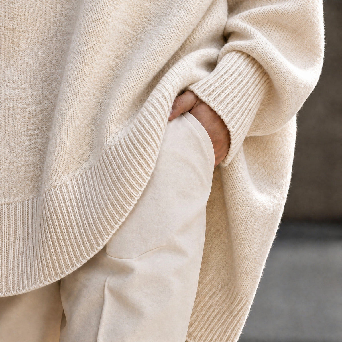 Jennifer - Women's Oversized Ribbed Cuff Jumper with Asymmetric Hem - Sweaters - Beige - Davies & Cooper