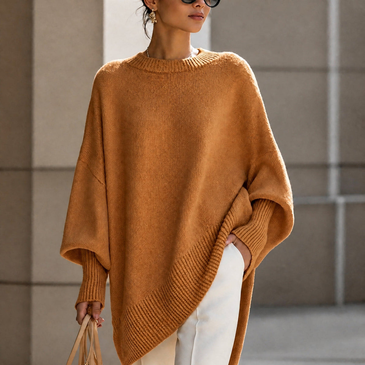 Jennifer - Women's Oversized Ribbed Cuff Jumper with Asymmetric Hem - Sweaters - Brown - Davies & Cooper