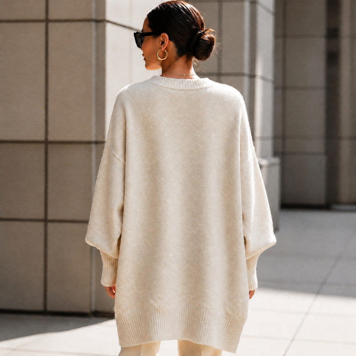 Jennifer - Women's Oversized Ribbed Cuff Jumper with Asymmetric Hem - Sweaters - Beige - Davies & Cooper