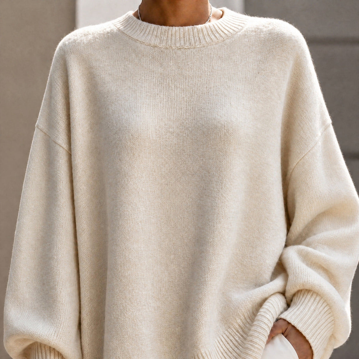 Jennifer - Women's Oversized Ribbed Cuff Jumper with Asymmetric Hem - Sweaters - Beige - Davies & Cooper