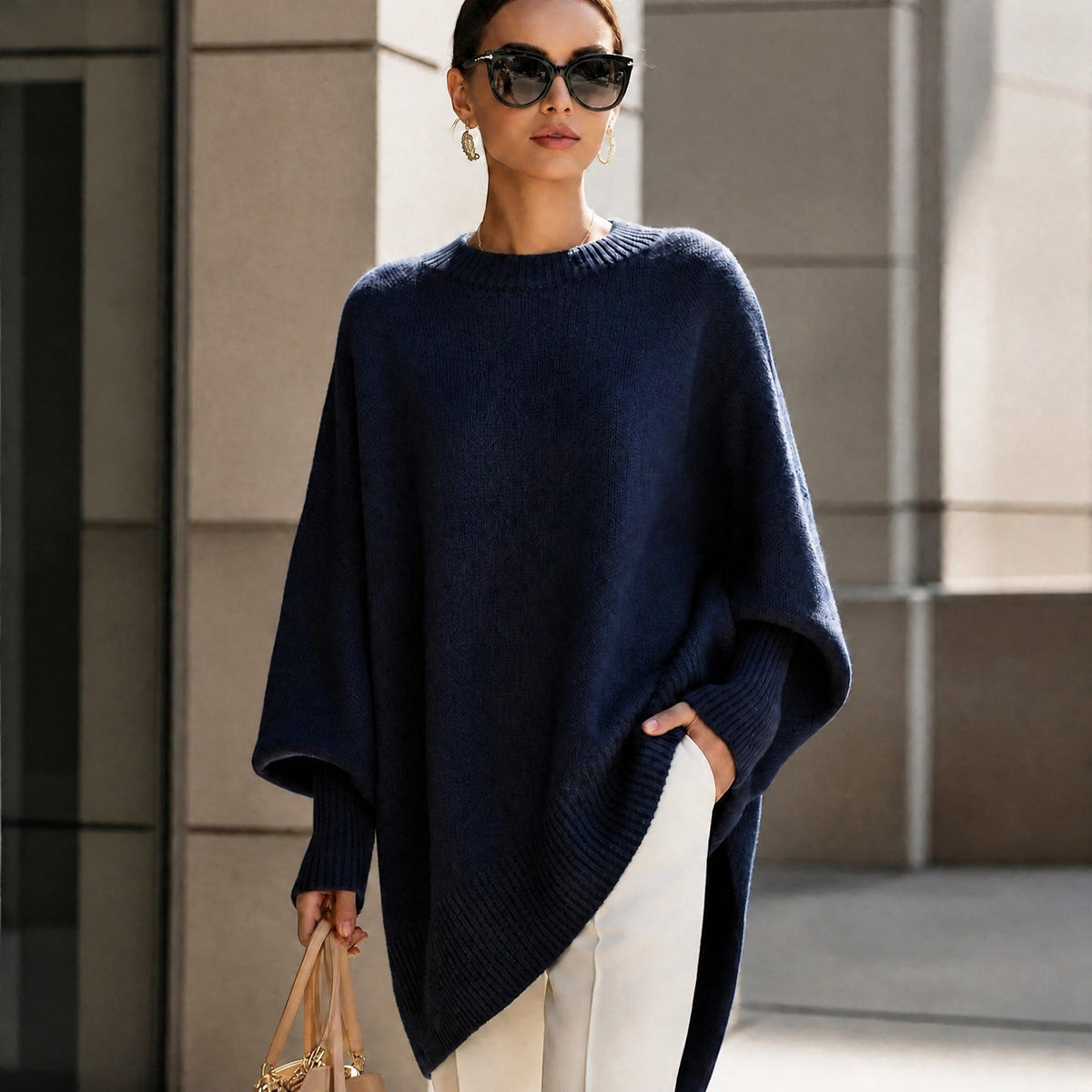 Jennifer - Women's Oversized Ribbed Cuff Jumper with Asymmetric Hem - Sweaters - Navy Blue - Davies & Cooper
