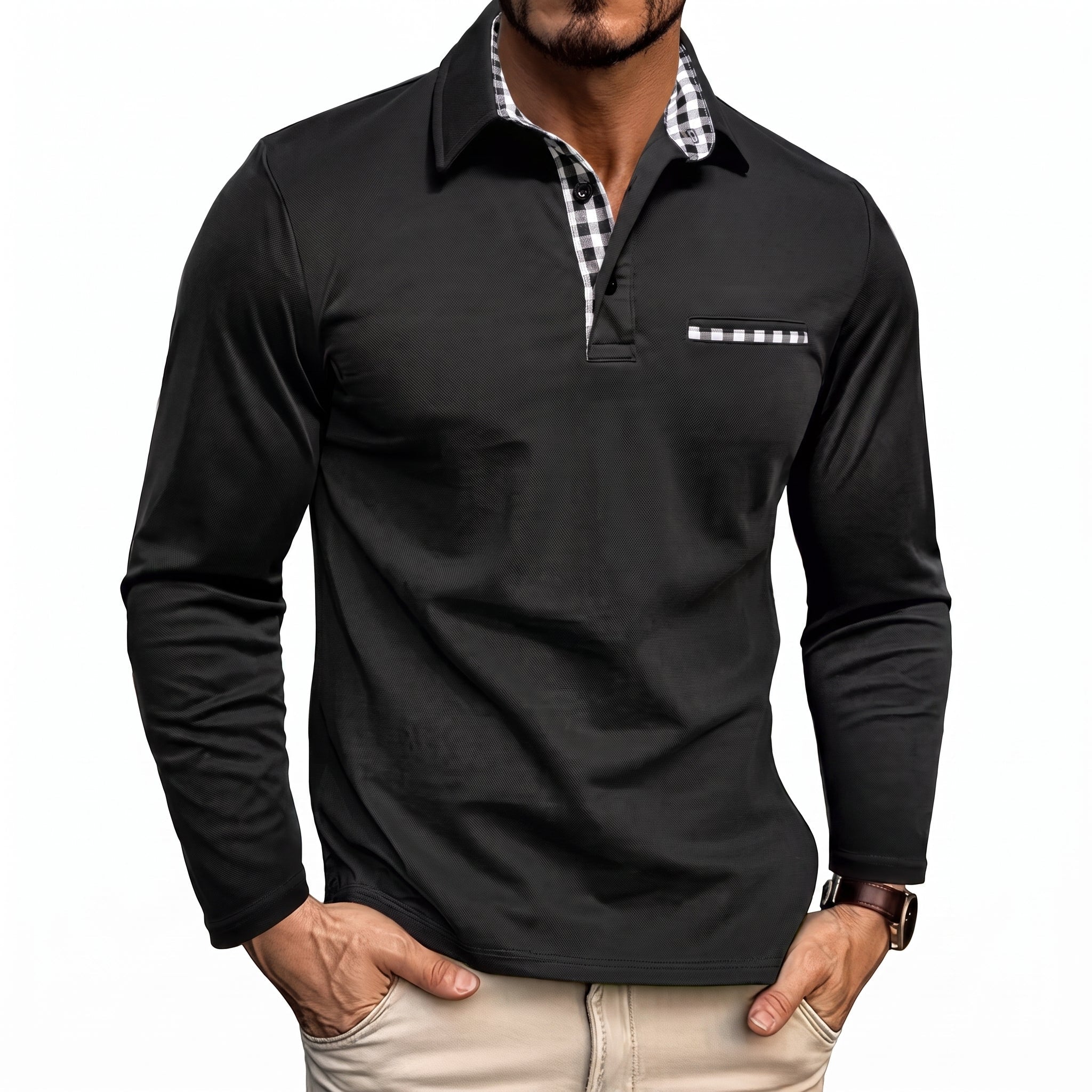 Johann - Men's Long Sleeve Polo Shirt with Contrast Check Collar - Polos - Black - Davies & Cooper
