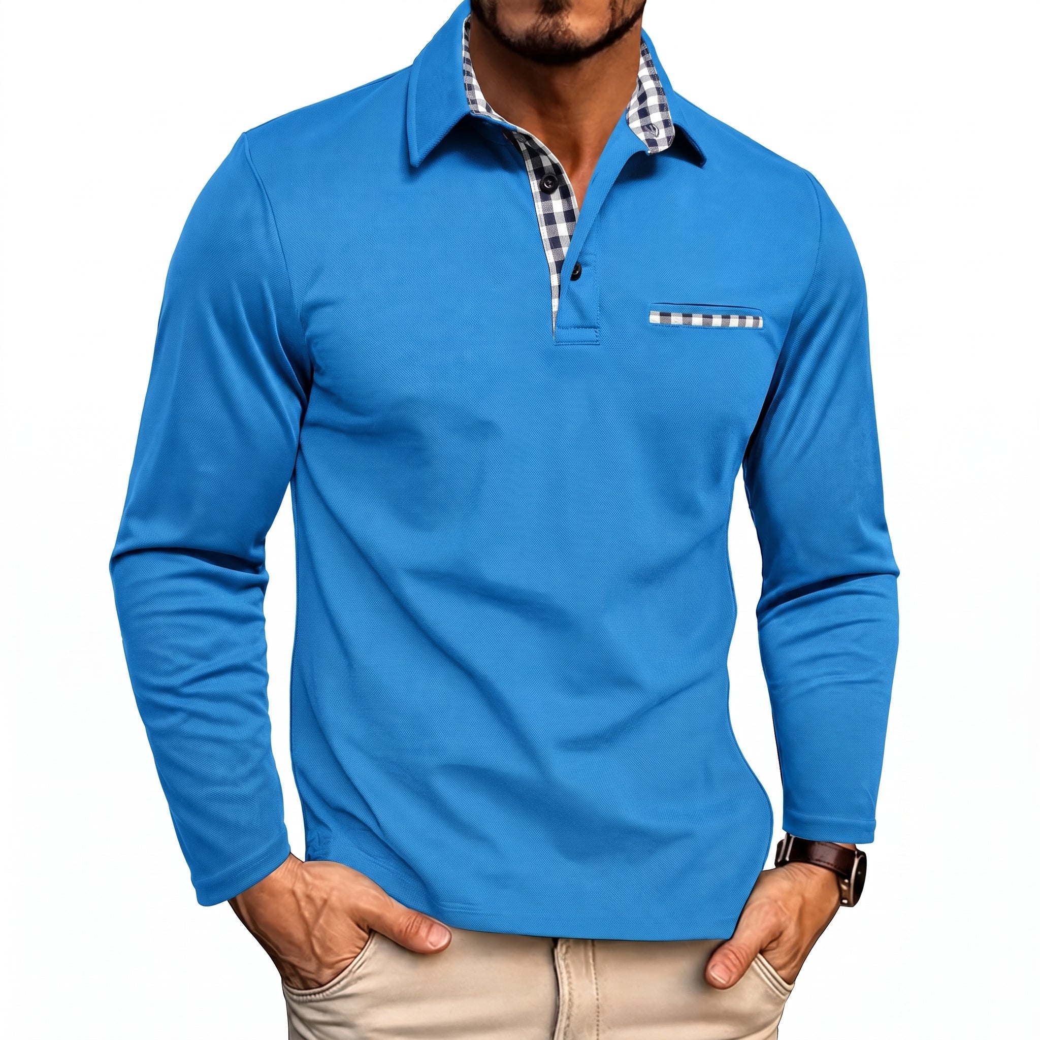 Johann - Men's Long Sleeve Polo Shirt with Contrast Check Collar - Polos - Blue - Davies & Cooper