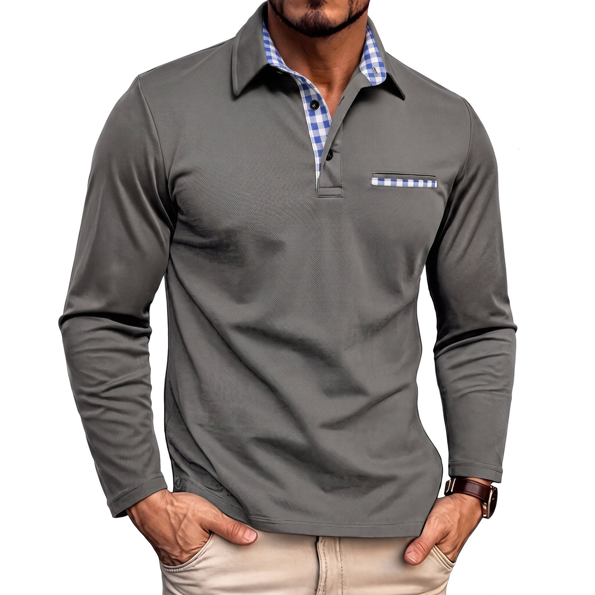 Johann - Men's Long Sleeve Polo Shirt with Contrast Check Collar - Polos - Grey - Davies & Cooper