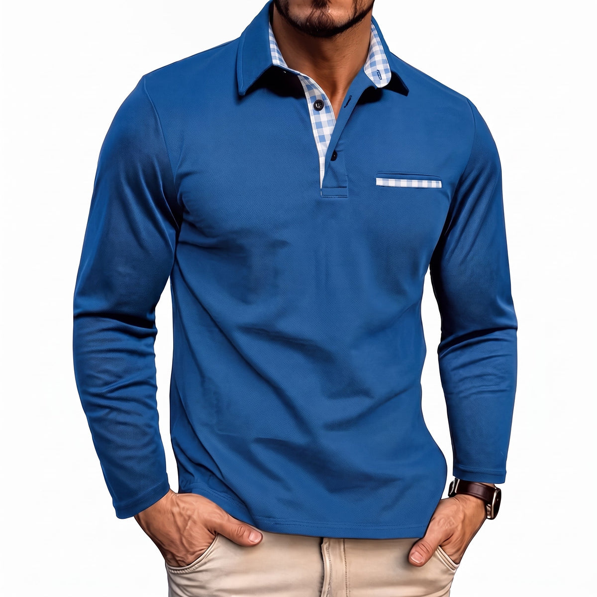 Johann - Men's Long Sleeve Polo Shirt with Contrast Check Collar - Polos - Dark Blue - Davies & Cooper