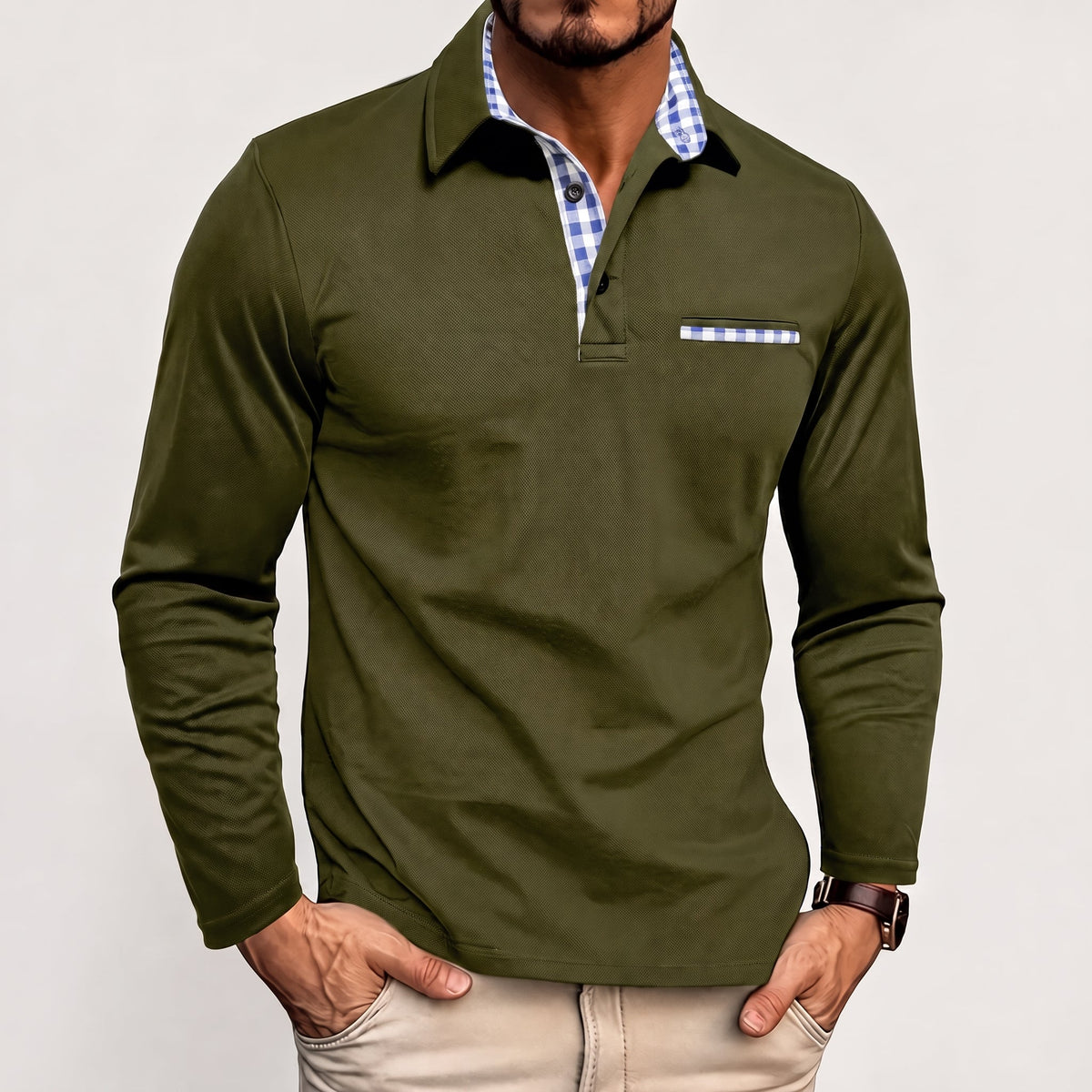 Johann - Men's Long Sleeve Polo Shirt with Contrast Check Collar - Polos - Green - Davies & Cooper