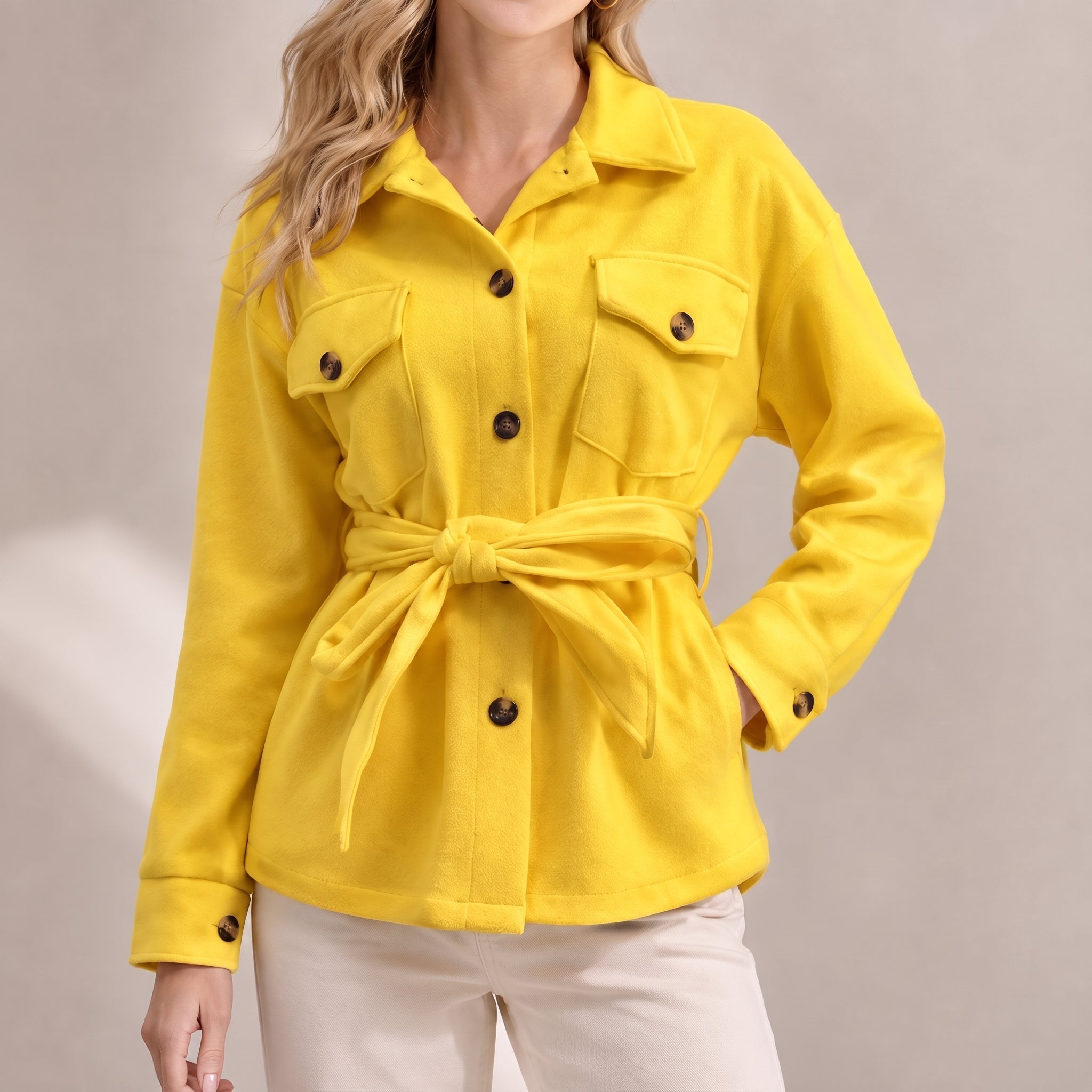 Johanna - Women's Belted Shirt Jacket with Dual Chest Pockets - Jackets - Yellow - Davies & Cooper