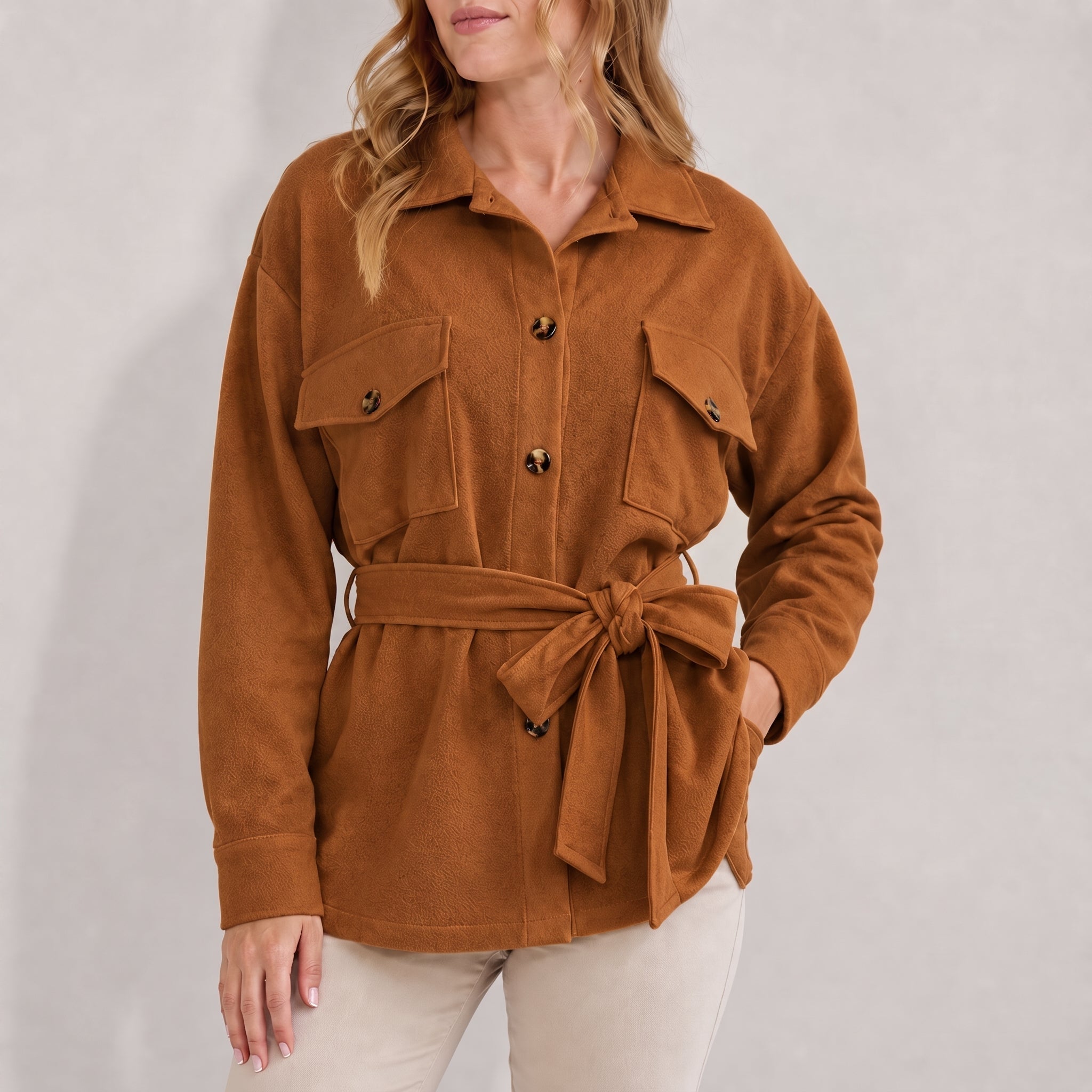 Johanna - Women's Belted Shirt Jacket with Dual Chest Pockets - Jackets - Brown - Davies & Cooper