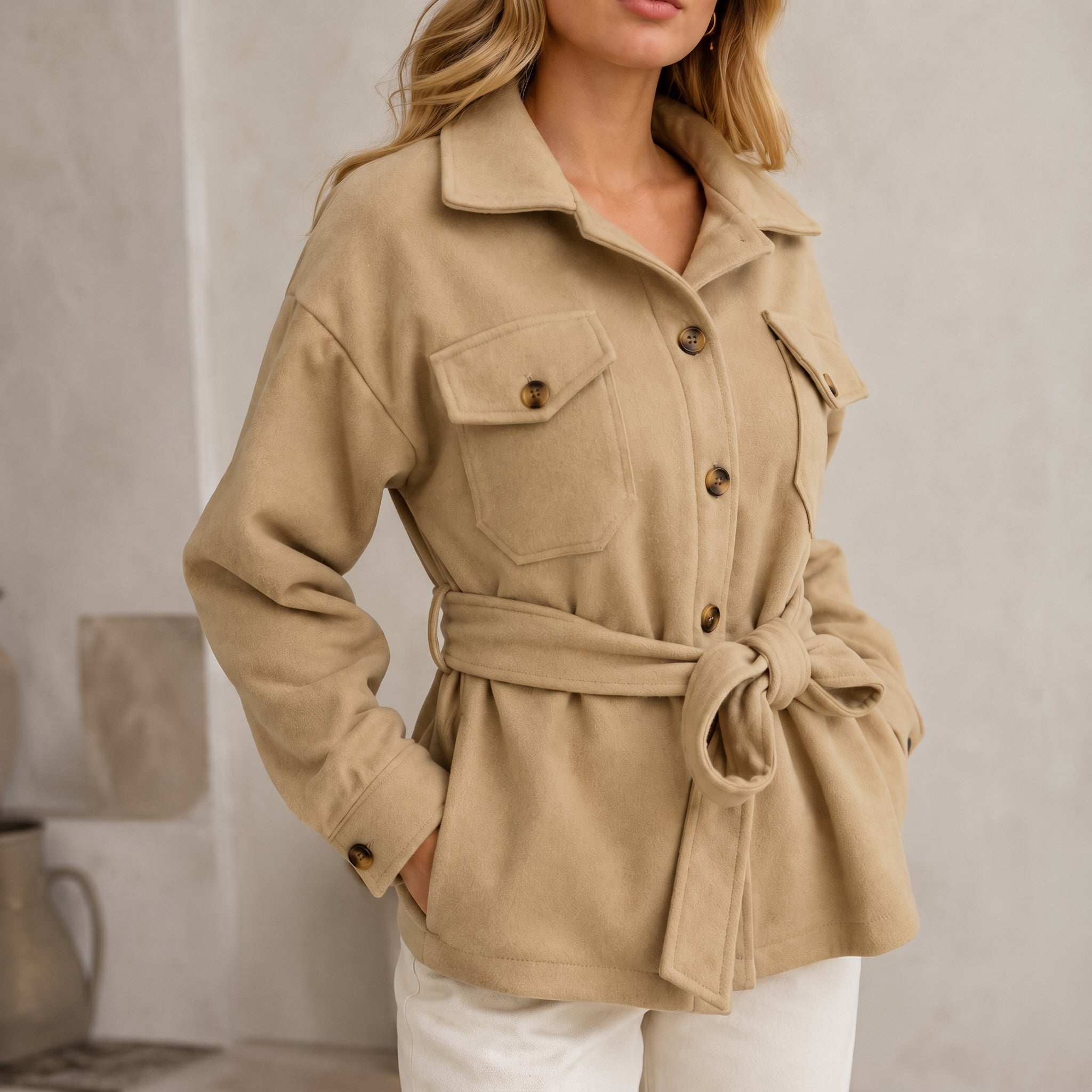 Johanna - Women's Belted Shirt Jacket with Dual Chest Pockets - Jackets - Cream - Davies & Cooper