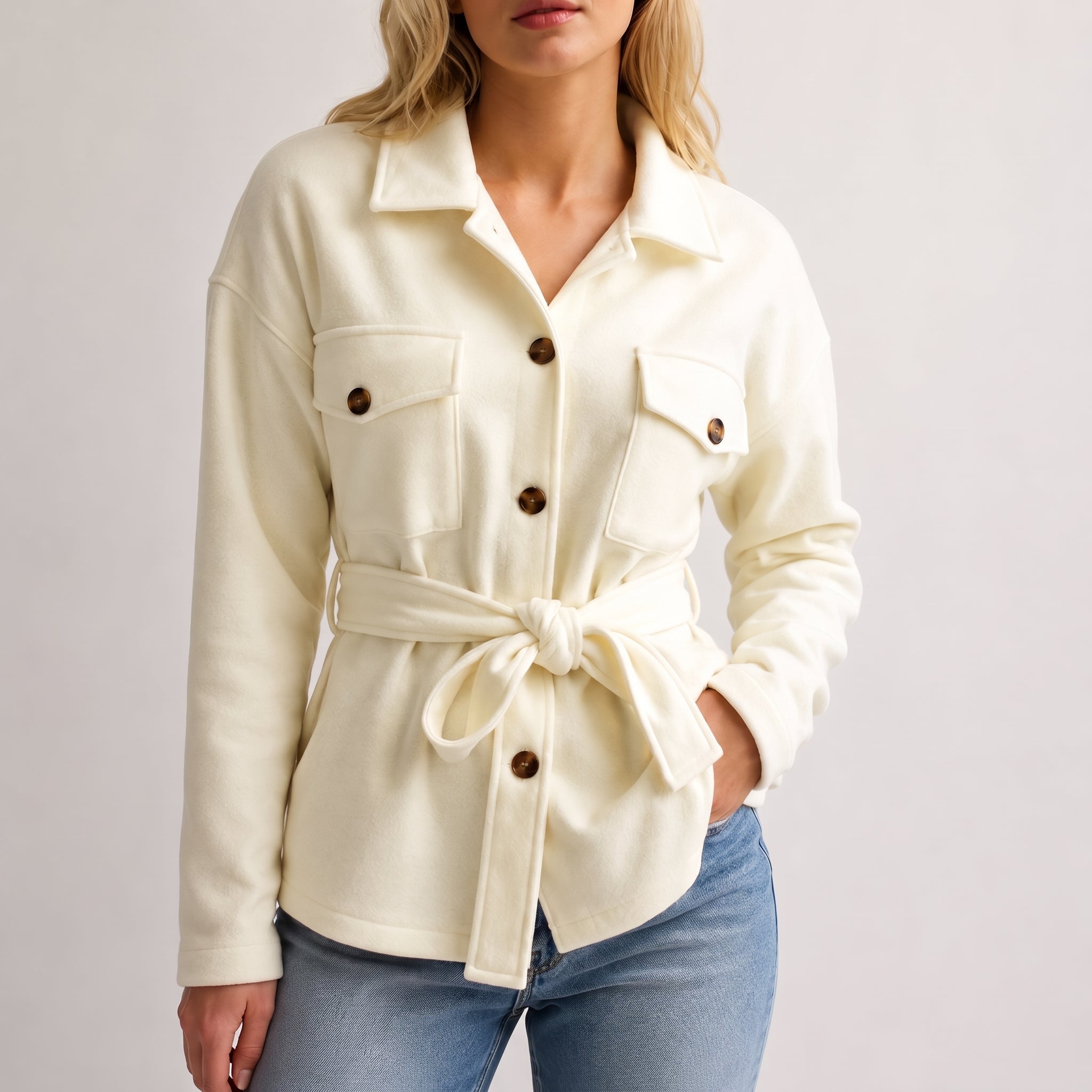 Johanna - Women's Belted Shirt Jacket with Dual Chest Pockets - Jackets - Cream - Davies & Cooper
