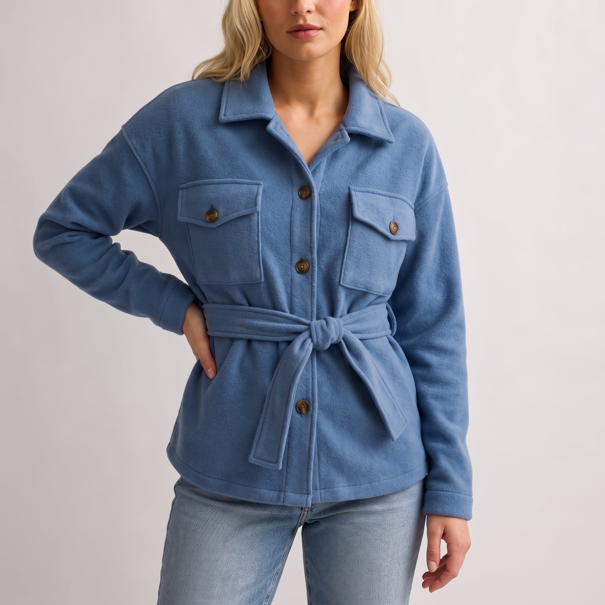 Johanna - Women's Belted Shirt Jacket with Dual Chest Pockets - Jackets - Blue - Davies & Cooper