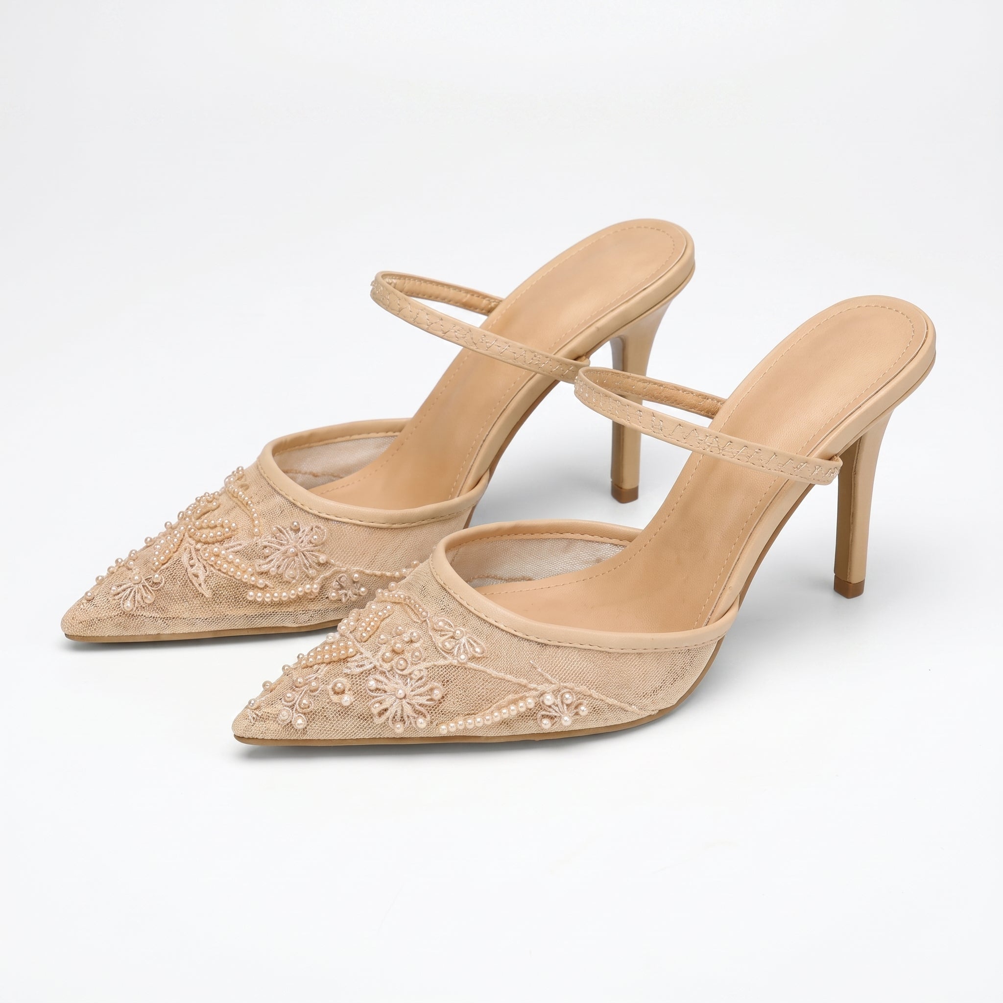 Johanna - Women's Embellished Pointed Toe Stiletto Heel Sandals - Sandals - Beige - Davies & Cooper