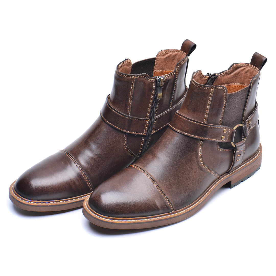 Jonas - Men's Buckle Strap Ankle Boots with Side Zip - Boots - Dark Brown - Davies & Cooper