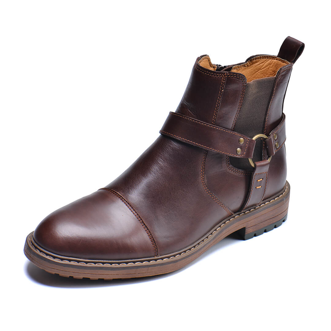 Jonas - Men's Buckle Strap Ankle Boots with Side Zip - Boots - Dark Brown - Davies & Cooper
