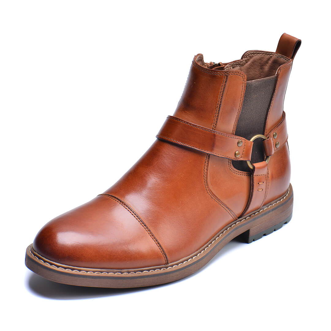 Jonas - Men's Buckle Strap Ankle Boots with Side Zip - Boots - Brown - Davies & Cooper