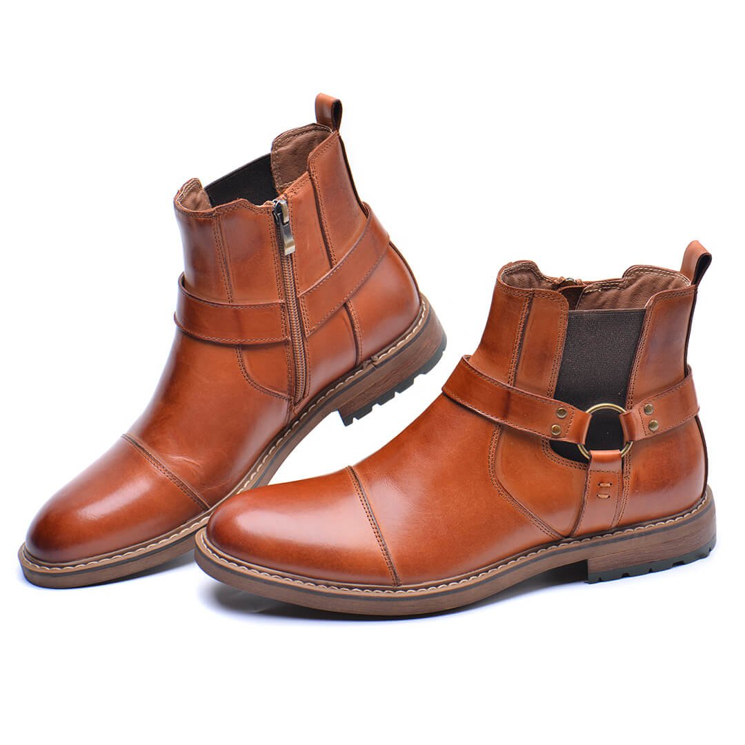 Jonas - Men's Buckle Strap Ankle Boots with Side Zip - Boots - Brown - Davies & Cooper