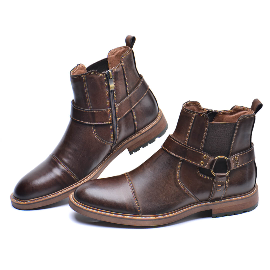 Jonas - Men's Buckle Strap Ankle Boots with Side Zip - Boots - Dark Brown - Davies & Cooper