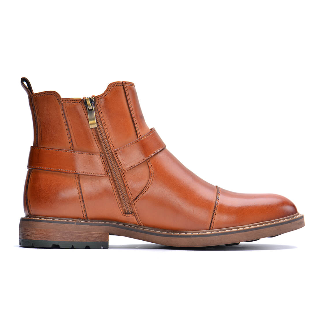 Jonas - Men's Buckle Strap Ankle Boots with Side Zip - Boots - Brown - Davies & Cooper