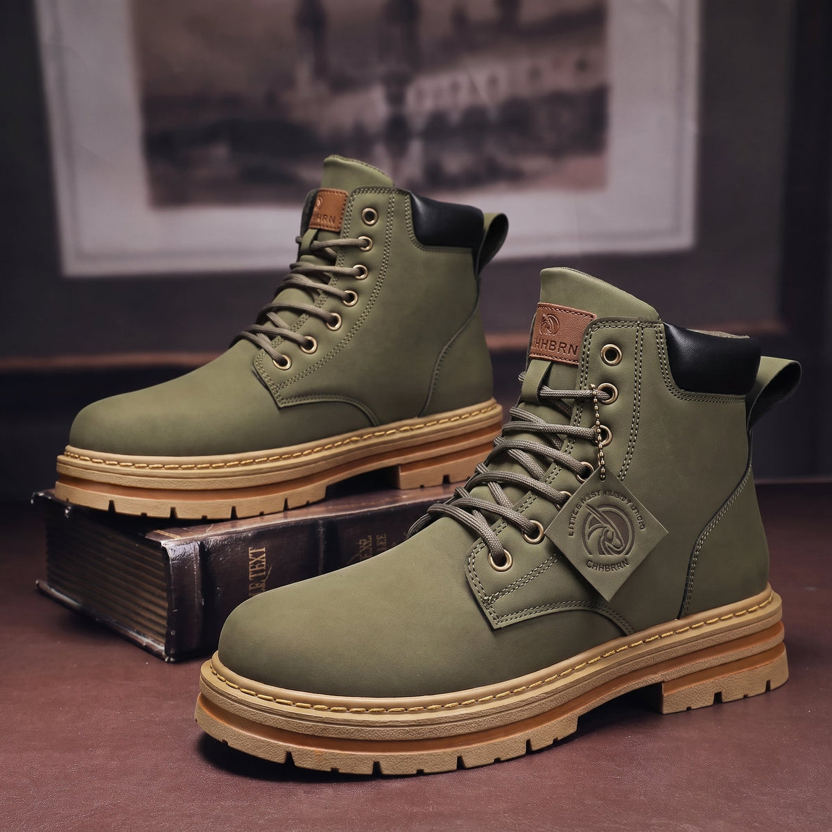 Jonas - Men's High-Top Lace-Up Combat Boots with Chunky Sole - Boots - Green - Davies & Cooper